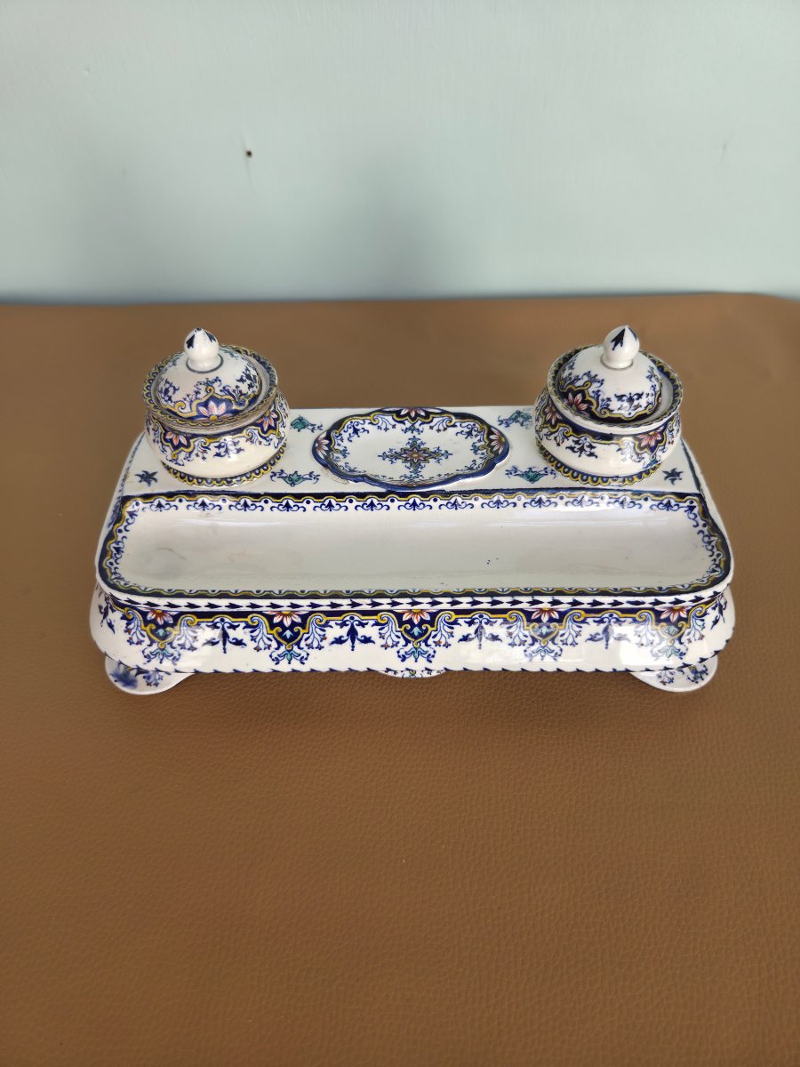 Polychrome Rouen Earthenware Inkwell 19th Century-photo-1