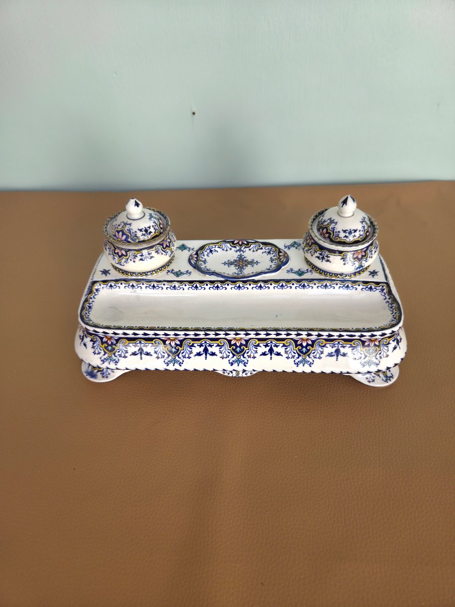 Polychrome Rouen Earthenware Inkwell 19th Century-photo-2