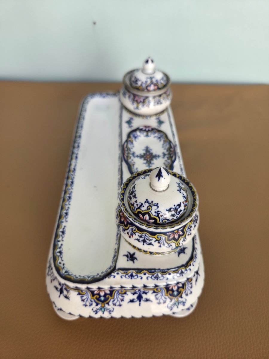 Polychrome Rouen Earthenware Inkwell 19th Century-photo-3
