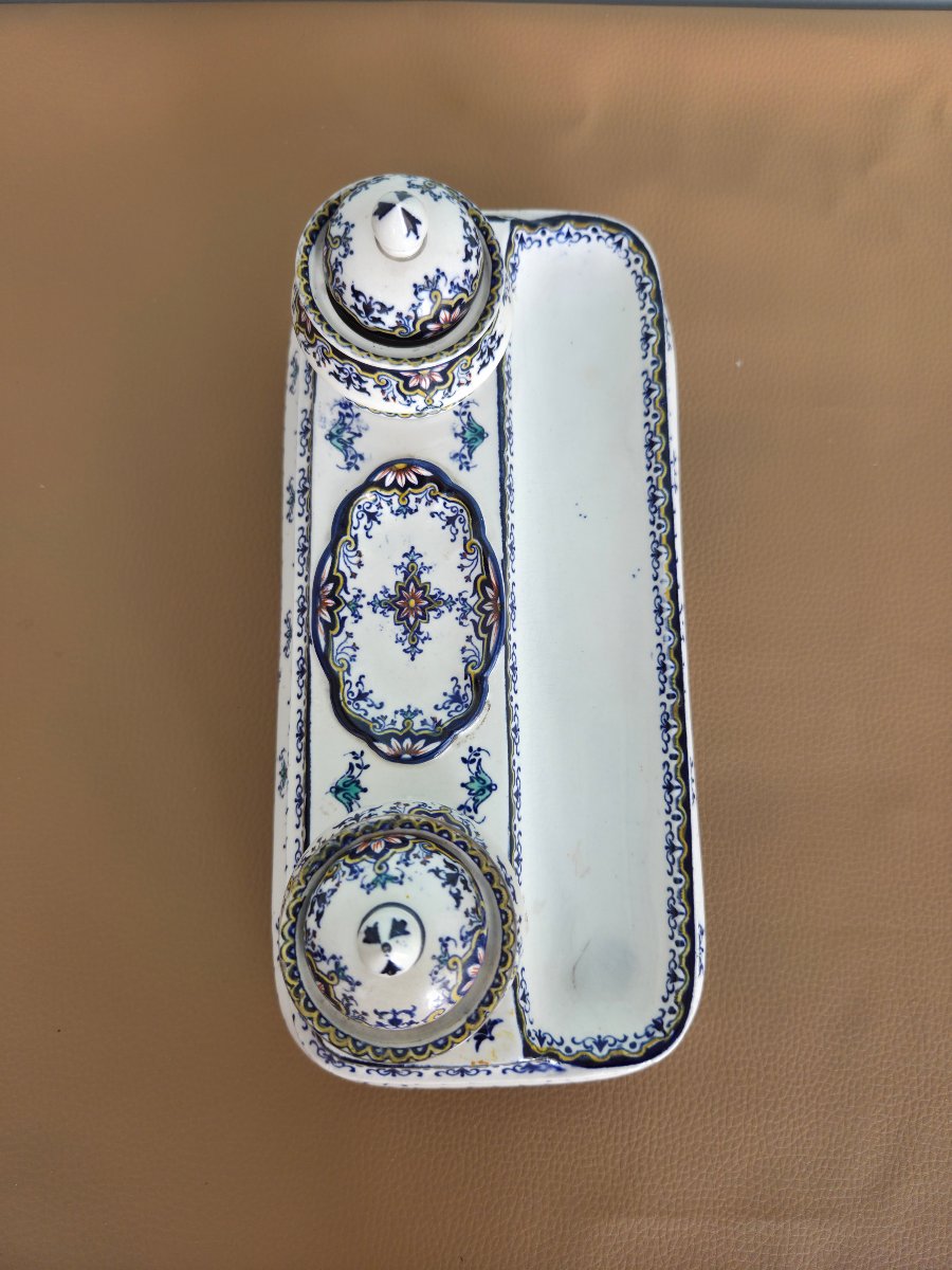 Polychrome Rouen Earthenware Inkwell 19th Century-photo-5