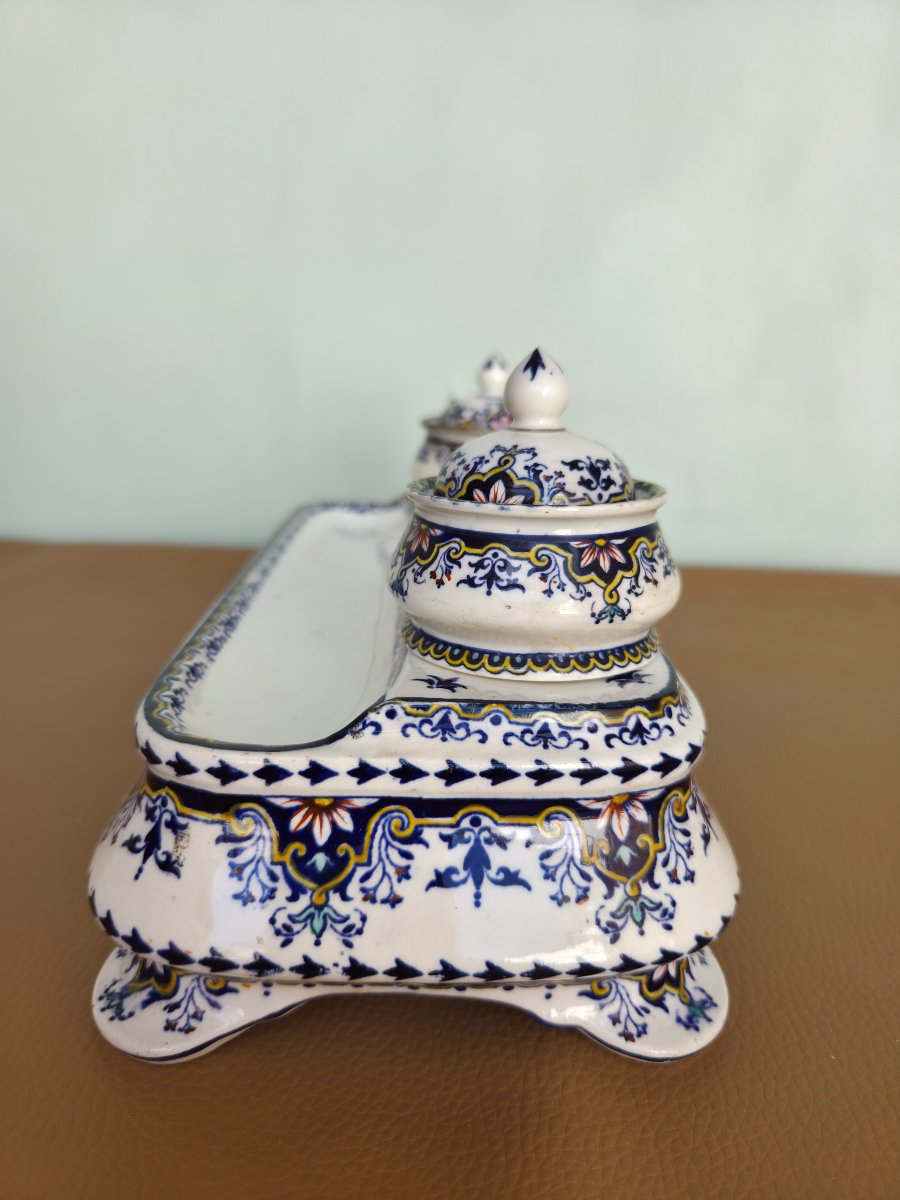 Polychrome Rouen Earthenware Inkwell 19th Century-photo-6