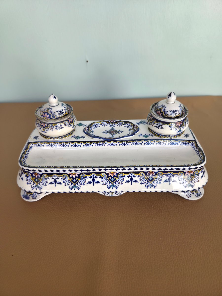 Polychrome Rouen Earthenware Inkwell 19th Century-photo-7