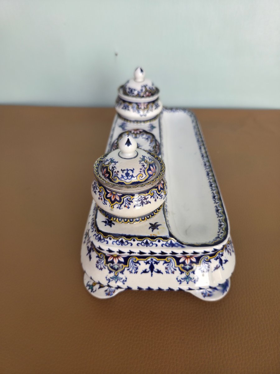 Polychrome Rouen Earthenware Inkwell 19th Century-photo-8