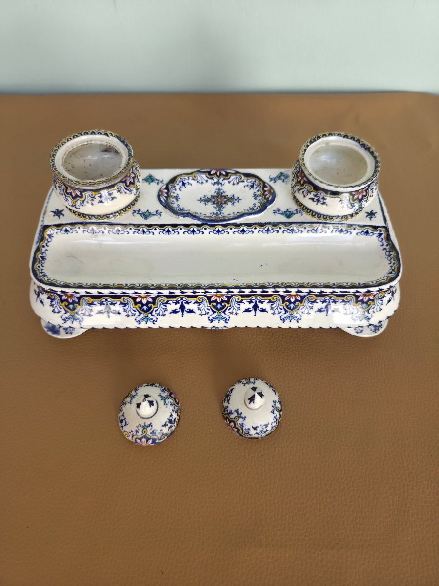 Polychrome Rouen Earthenware Inkwell 19th Century