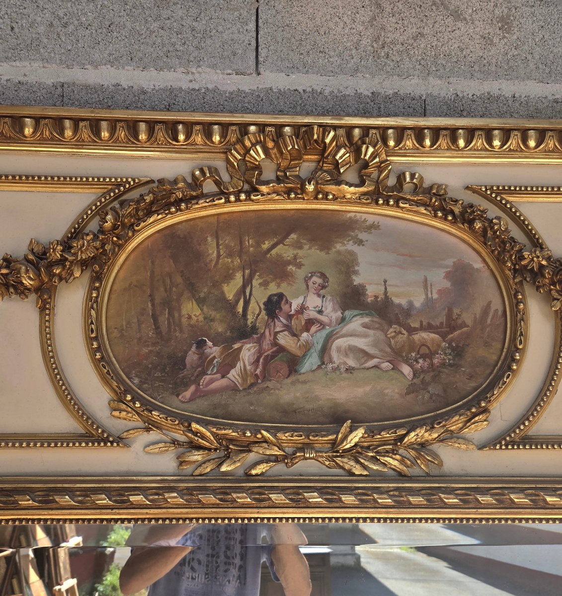  Trumeau à glace au mercure, panneau peint signé Freydier, Louis XVI d'époque XVIII ème -photo-4