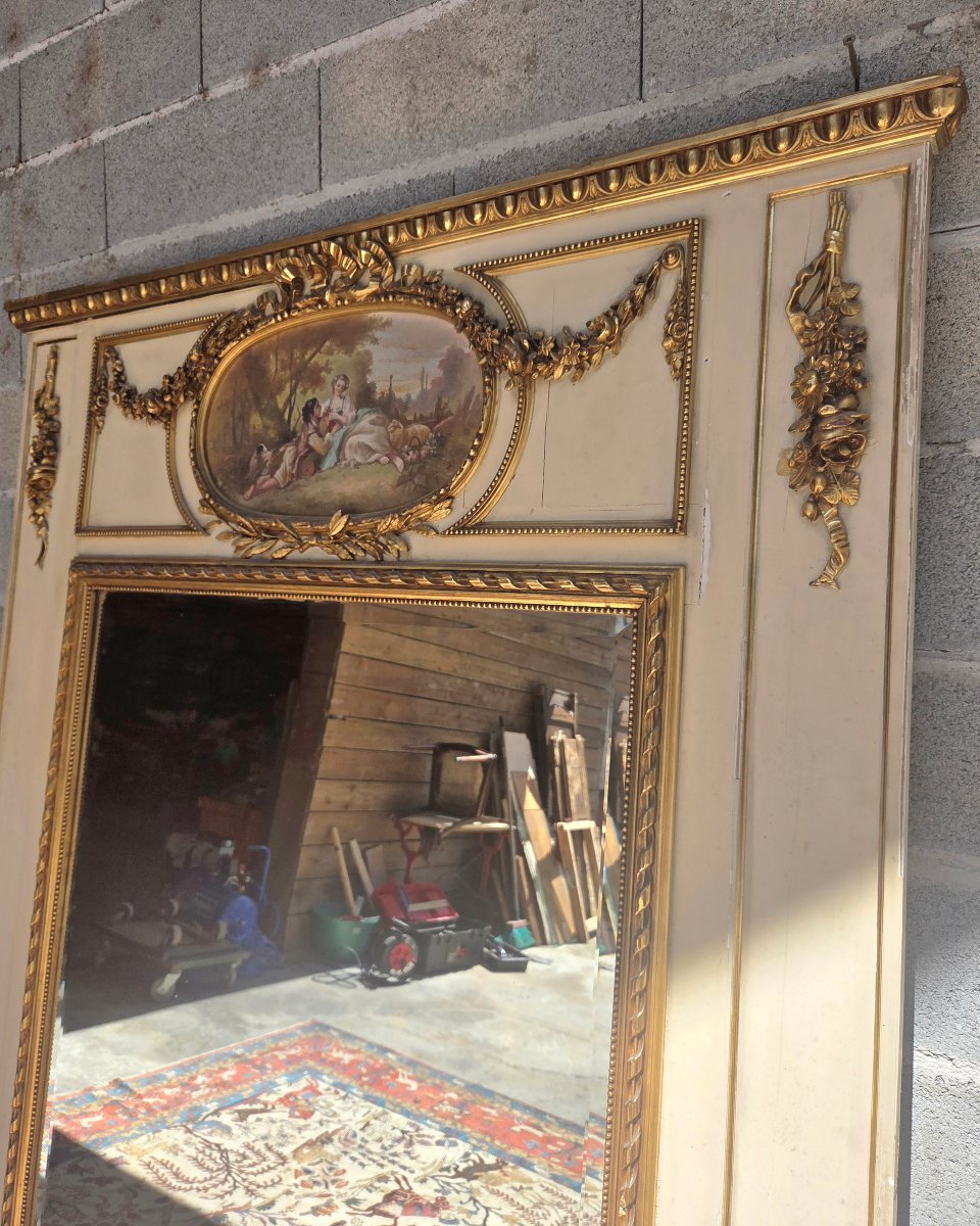  Trumeau à glace au mercure, panneau peint signé Freydier, Louis XVI d'époque XVIII ème -photo-3