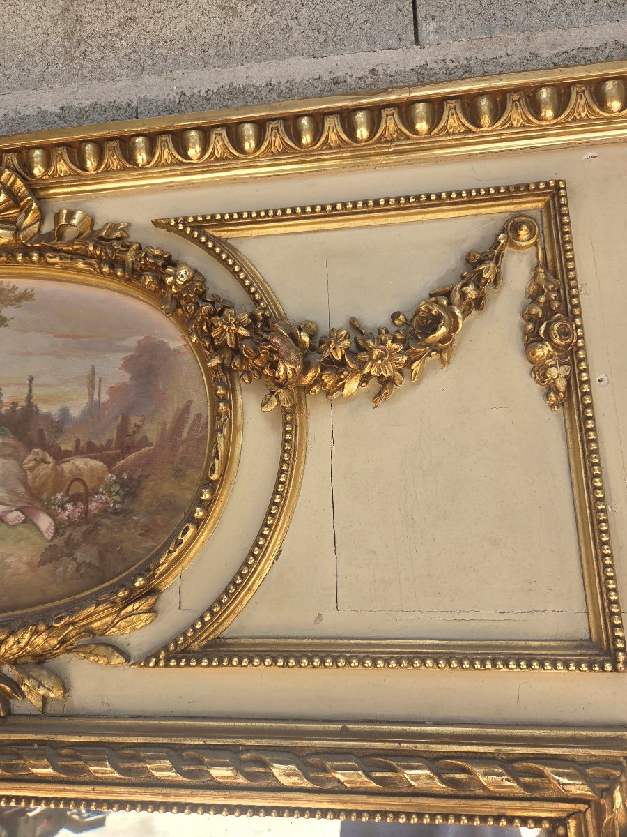  Trumeau à glace au mercure, panneau peint signé Freydier, Louis XVI d'époque XVIII ème -photo-4