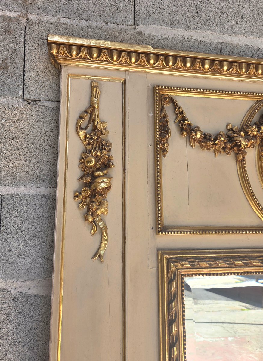 Trumeau à glace au mercure, panneau peint signé Freydier, Louis XVI d'époque XVIII ème -photo-5
