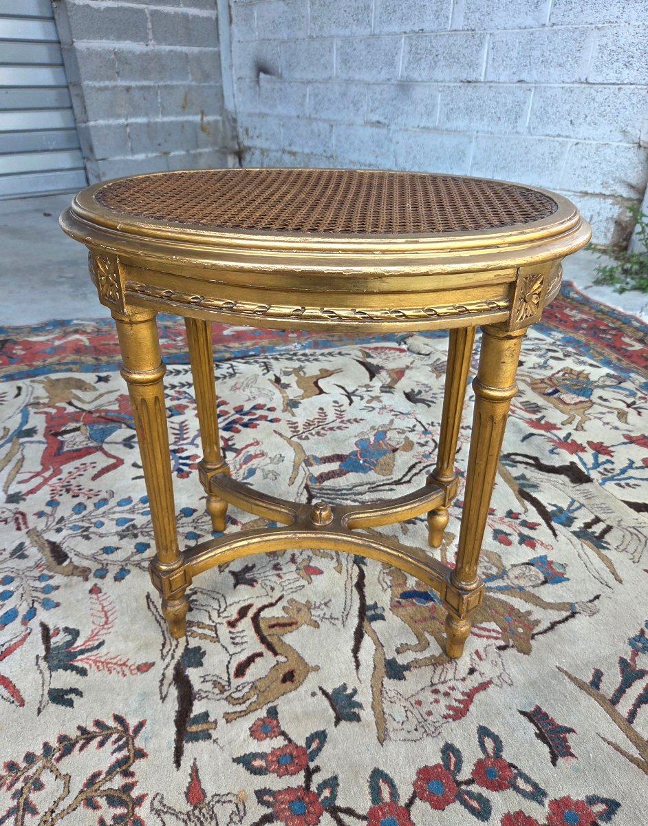 Tabouret oval en bois doré à la feuille d'or,  Louis XVI, d'époque XIXᵉ siècle-photo-3