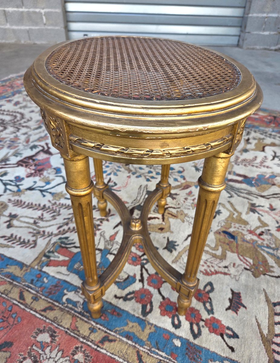 Tabouret oval en bois doré à la feuille d'or,  Louis XVI, d'époque XIXᵉ siècle-photo-4