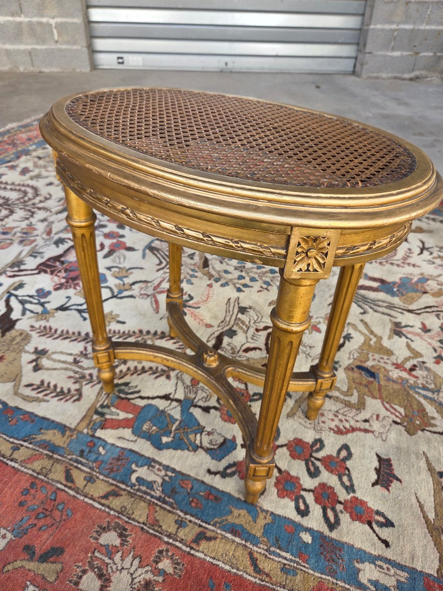 Tabouret oval en bois doré à la feuille d'or,  Louis XVI, d'époque XIXᵉ siècle-photo-5