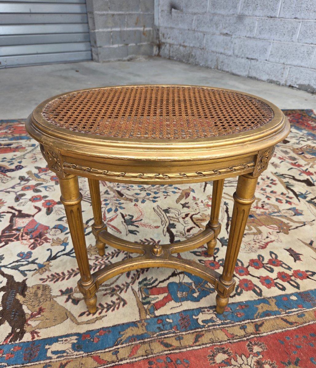 Tabouret oval en bois doré à la feuille d'or,  Louis XVI, d'époque XIXᵉ siècle