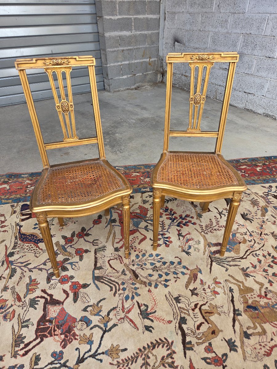 Paire de chaises en bois doré, Louis XVI, d'époque XIXème -photo-4