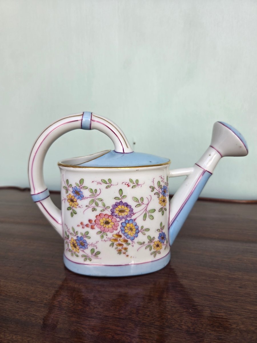 Saxon Porcelain Chimney Watering Can With Polychrome Floral Decoration, 19th Century-photo-2