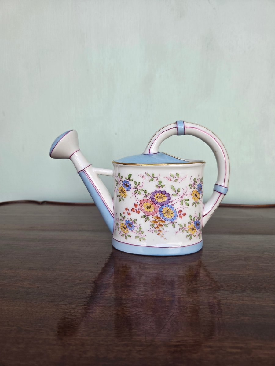 Saxon Porcelain Chimney Watering Can With Polychrome Floral Decoration, 19th Century-photo-3