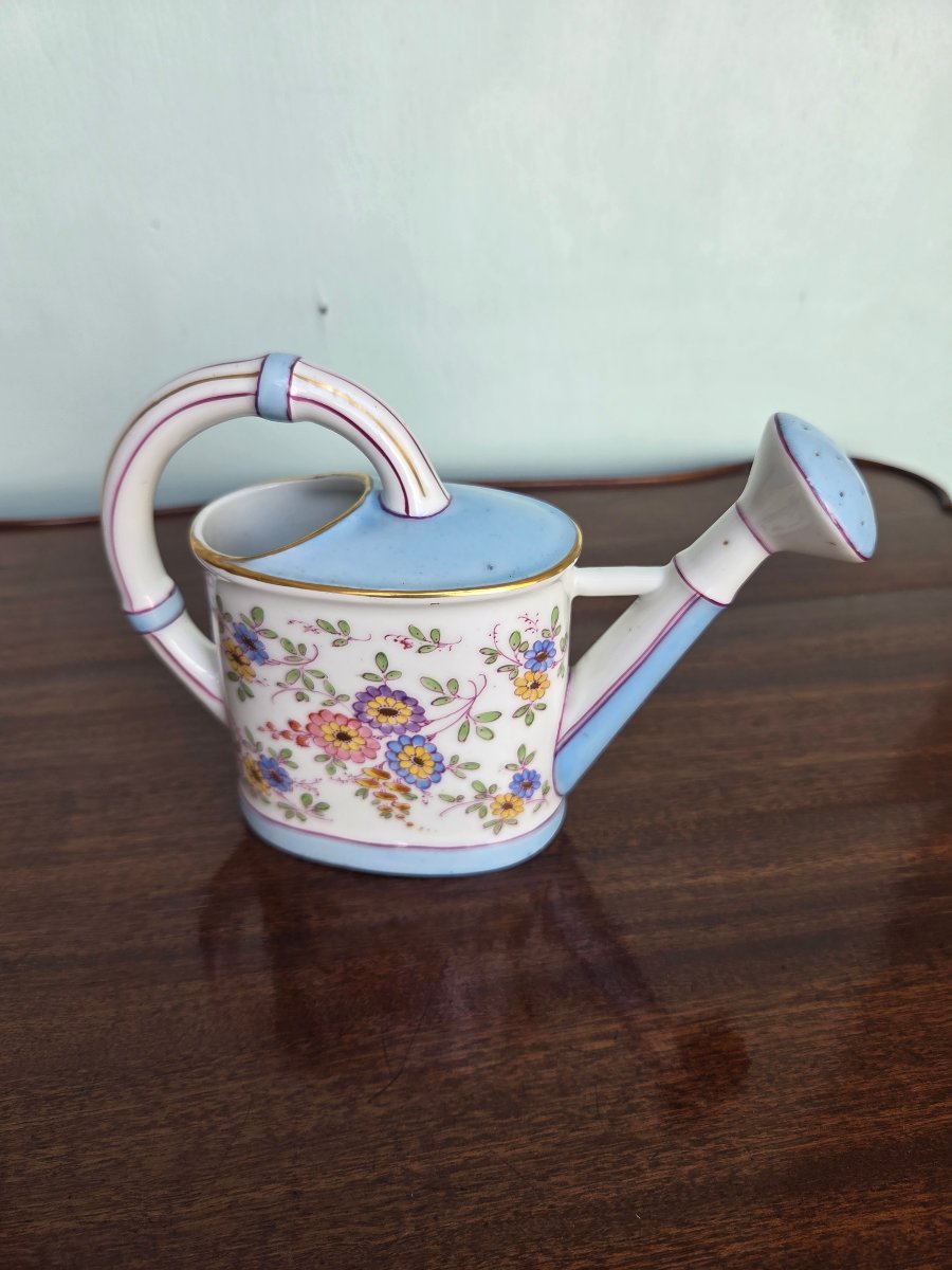 Saxon Porcelain Chimney Watering Can With Polychrome Floral Decoration, 19th Century