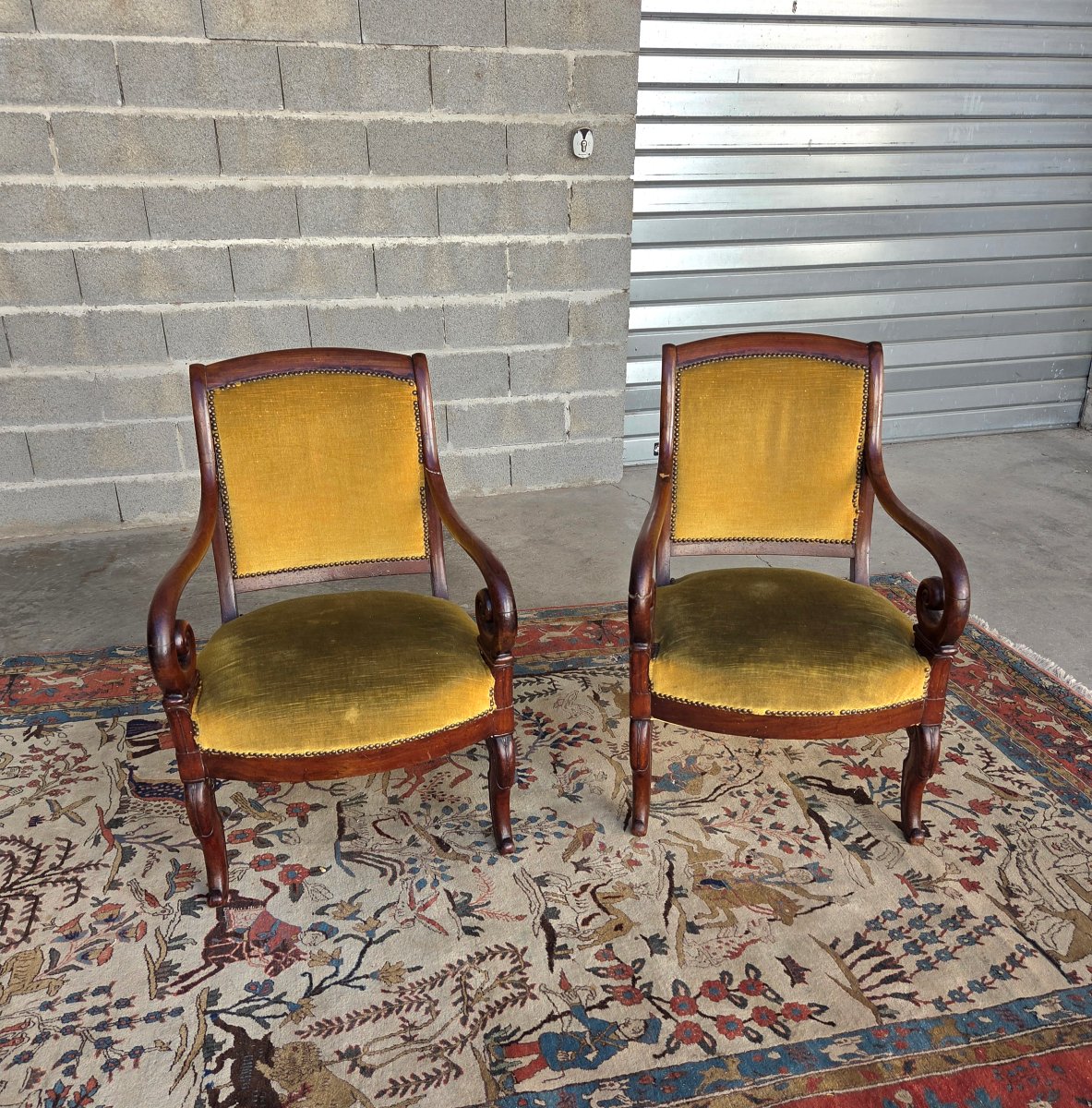 Pair Of Mahogany Armchairs, Empire Style, 19th-century 