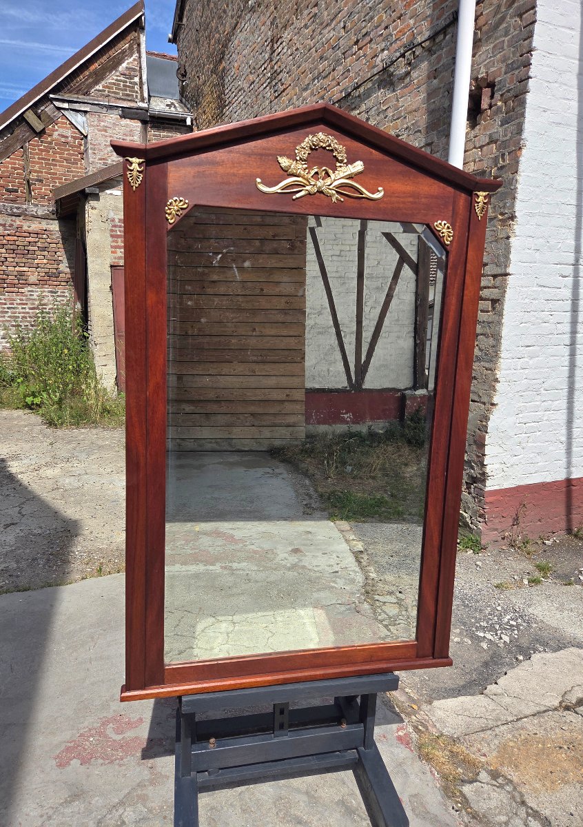 Empire-style Mirror In Mahogany And Gilded Bronze, With A Beveled Mercury-glass Panel, 19th-century