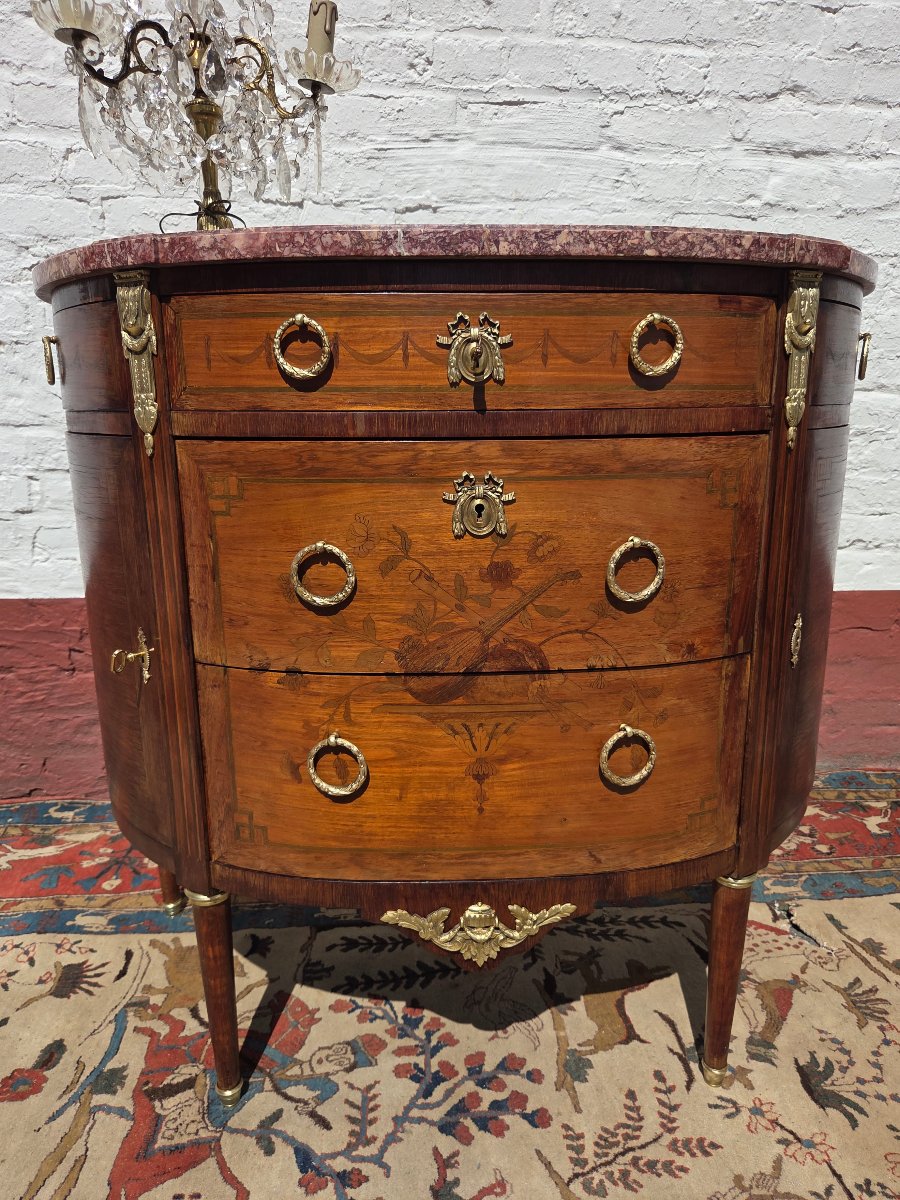 Commode demi-lune en marqueterie,  Louis XVI,  d'époque XIXème. -photo-2
