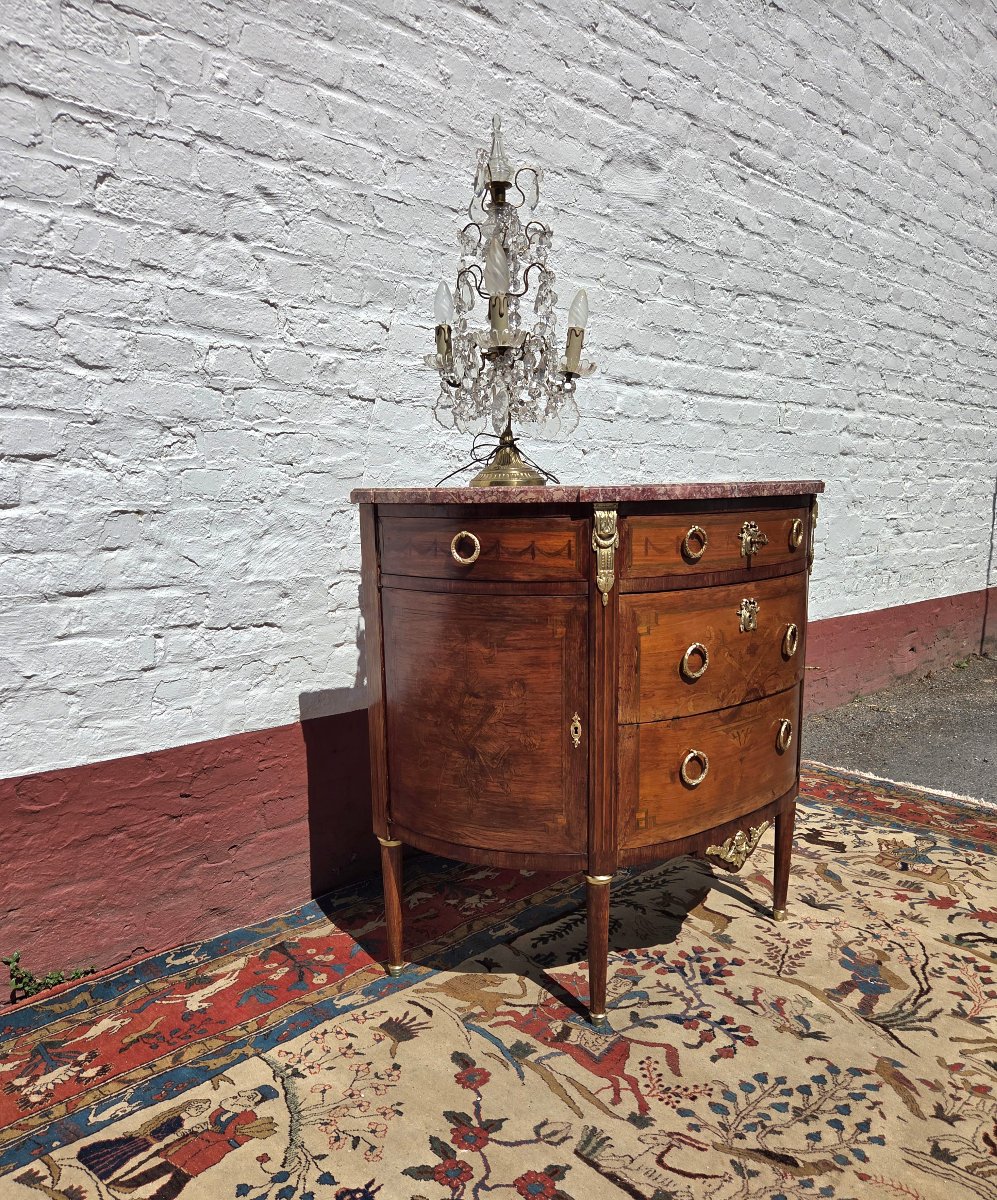 Commode demi-lune en marqueterie,  Louis XVI,  d'époque XIXème. -photo-8