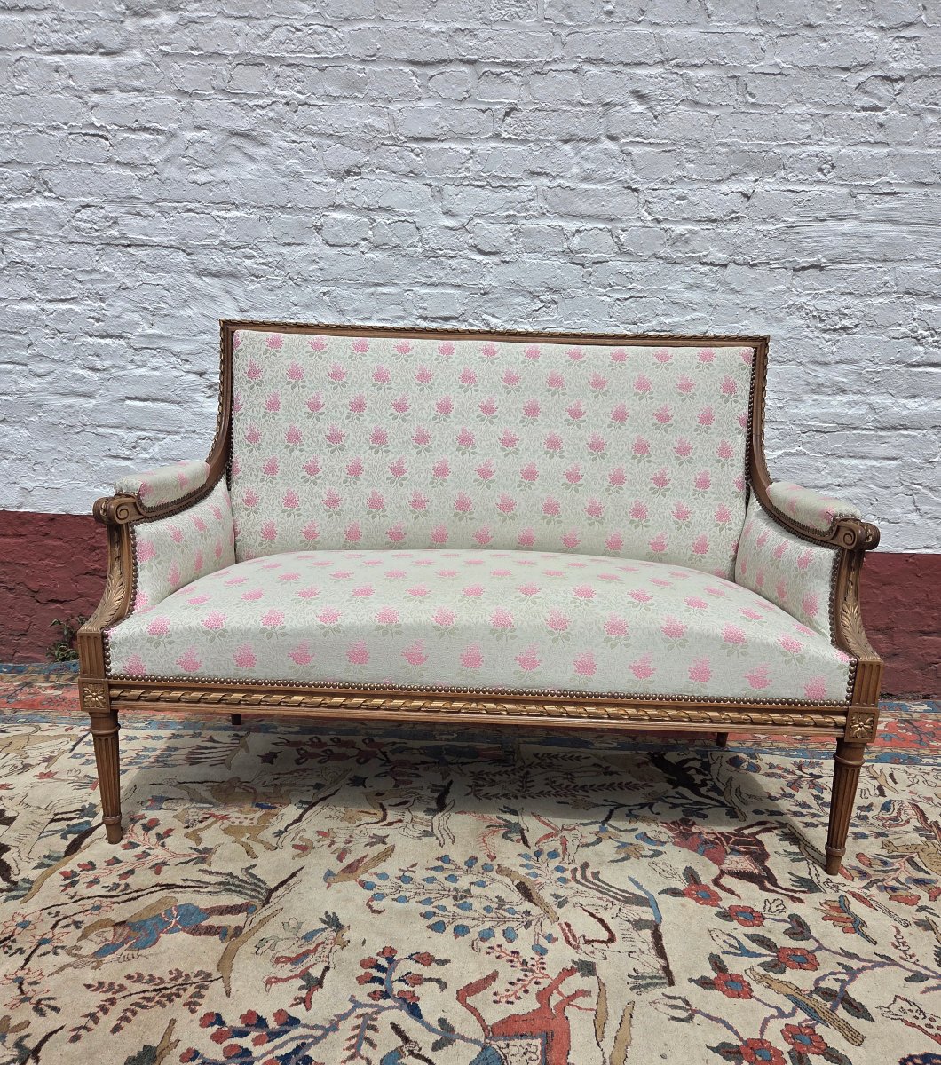 Partially Gilded Walnut Living Room Set. Sofa, Two Armchairs, And Four Chairs. Louis XVI, 19th Century -photo-4