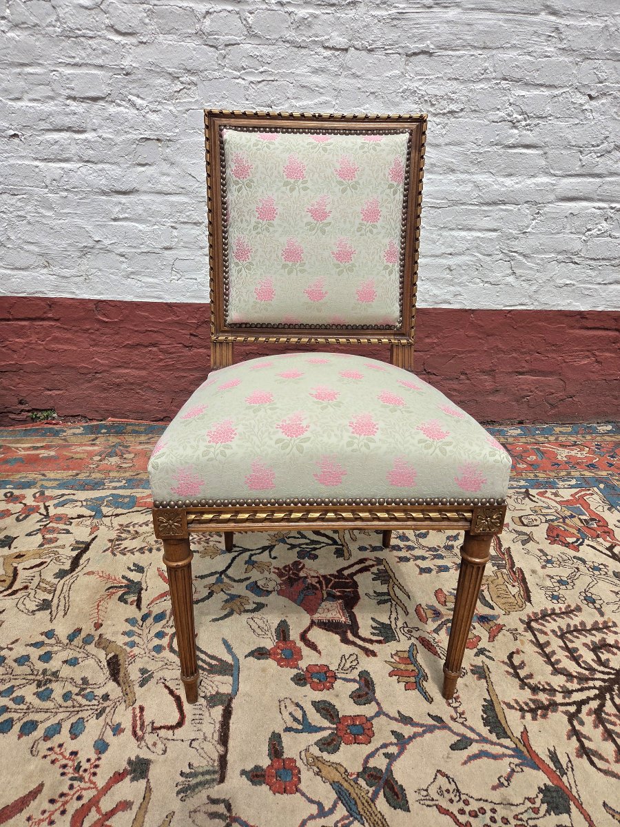 Partially Gilded Walnut Living Room Set. Sofa, Two Armchairs, And Four Chairs. Louis XVI, 19th Century -photo-4