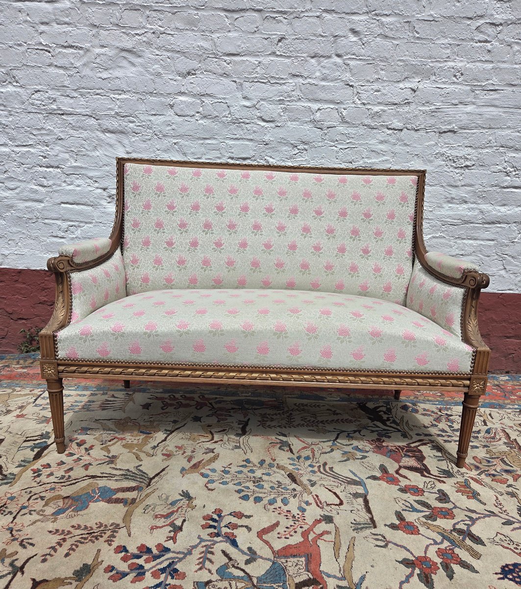 Partially Gilded Walnut Living Room Set. Sofa, Two Armchairs, And Four Chairs. Louis XVI, 19th Century -photo-8