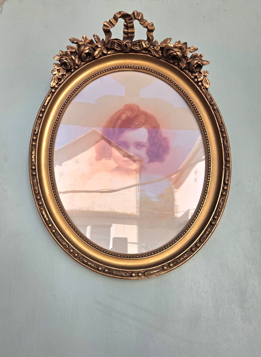 Miroir ovale en bois et stuc doré, style Louis XVI, d'époque XIXe siècle-photo-3