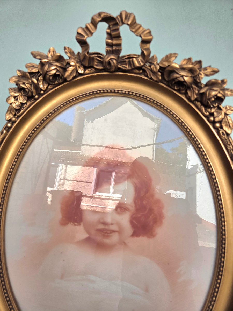 Miroir ovale en bois et stuc doré, style Louis XVI, d'époque XIXe siècle-photo-1
