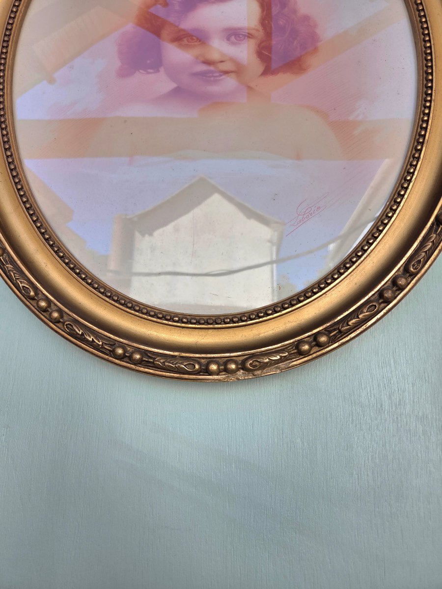 Miroir ovale en bois et stuc doré, style Louis XVI, d'époque XIXe siècle-photo-5