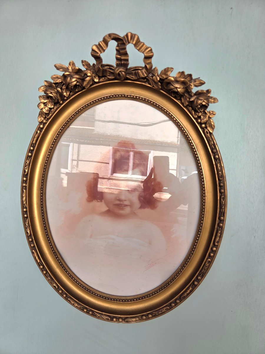 Miroir ovale en bois et stuc doré, style Louis XVI, d'époque XIXe siècle-photo-7
