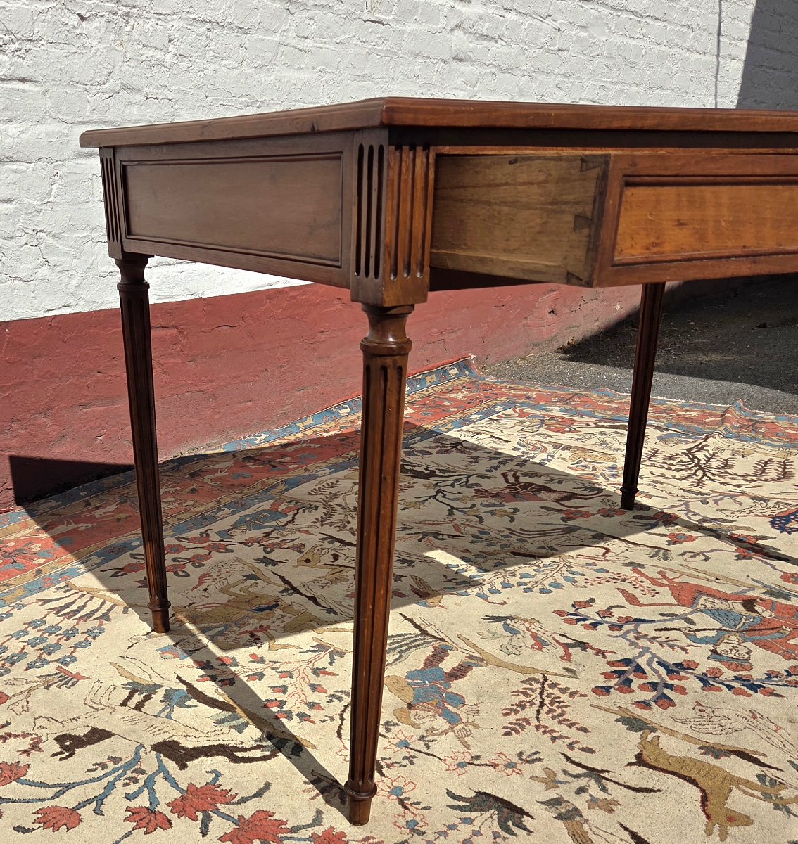 A Louis XVI-style Walnut Desk With Cognac-colored Leather, Dating From The 19th Century. -photo-2