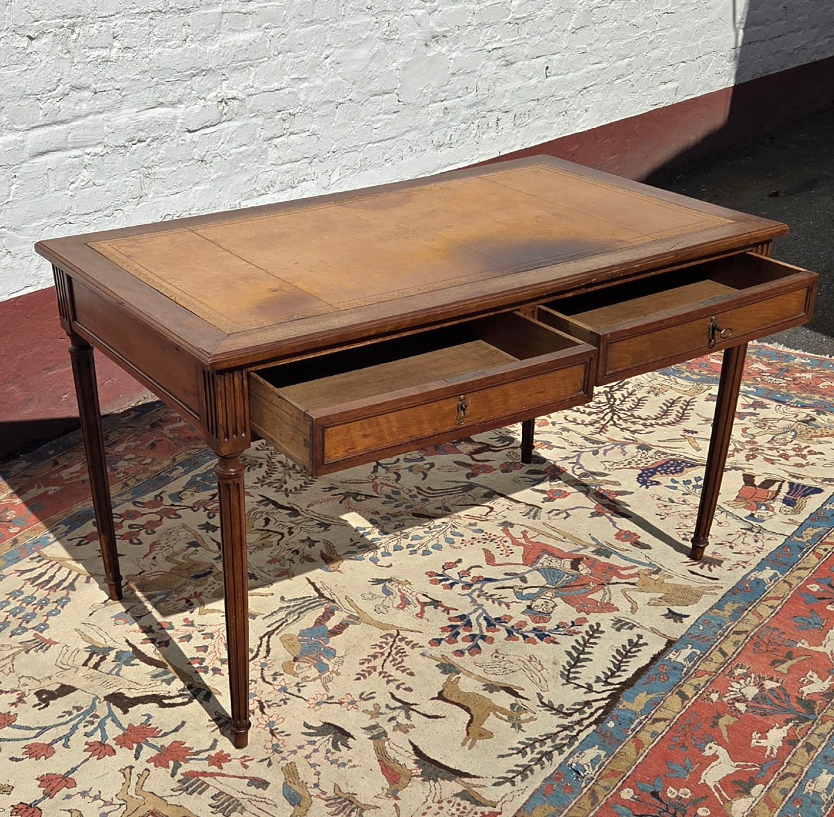 A Louis XVI-style Walnut Desk With Cognac-colored Leather, Dating From The 19th Century. -photo-3