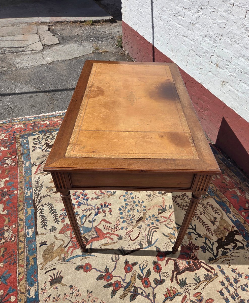 A Louis XVI-style Walnut Desk With Cognac-colored Leather, Dating From The 19th Century. -photo-5