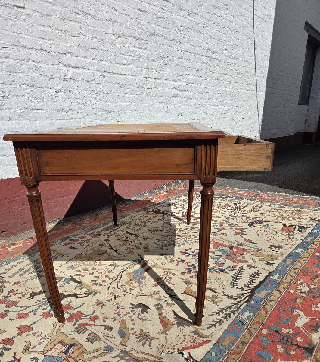 A Louis XVI-style Walnut Desk With Cognac-colored Leather, Dating From The 19th Century. -photo-6