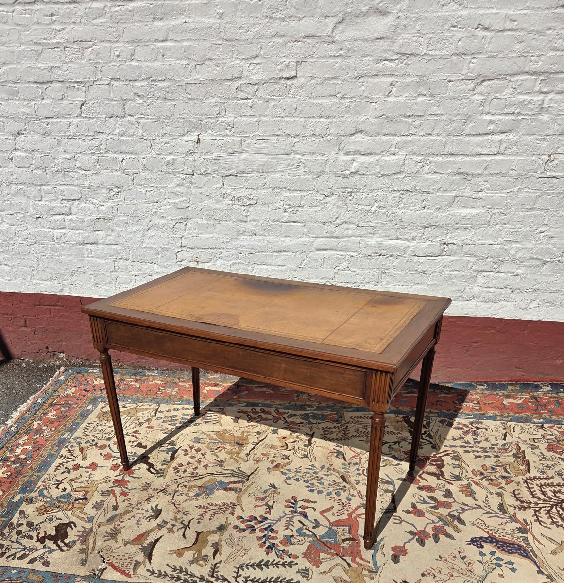 A Louis XVI-style Walnut Desk With Cognac-colored Leather, Dating From The 19th Century. -photo-7