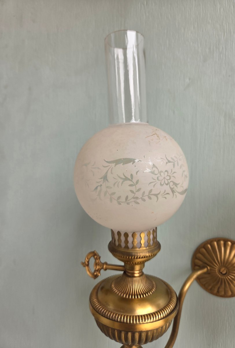 Pair Of Bronze And Gilded Brass Kerosene Wall Sconces. Empire/restoration Period, 19th Century-photo-3