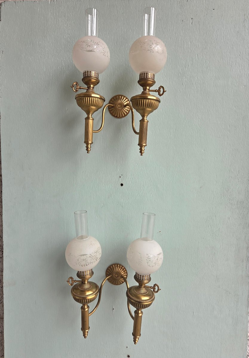 Pair Of Bronze And Gilded Brass Kerosene Wall Sconces. Empire/restoration Period, 19th Century-photo-4