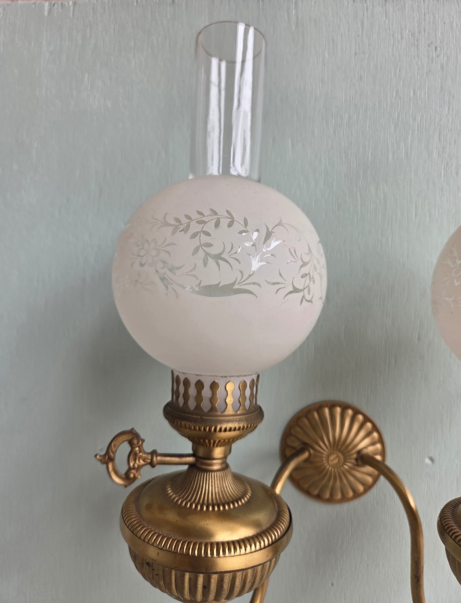 Pair Of Bronze And Gilded Brass Kerosene Wall Sconces. Empire/restoration Period, 19th Century-photo-1