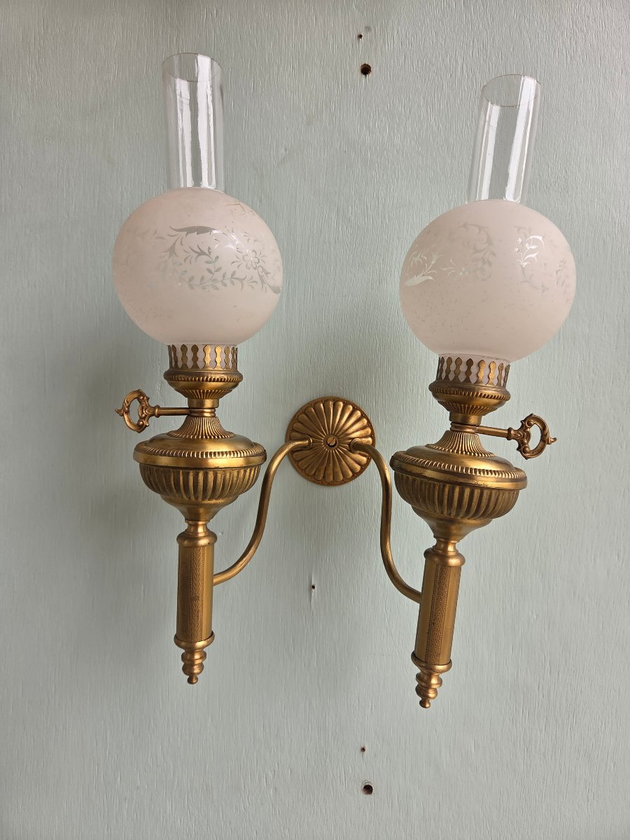 Pair Of Bronze And Gilded Brass Kerosene Wall Sconces. Empire/restoration Period, 19th Century-photo-2