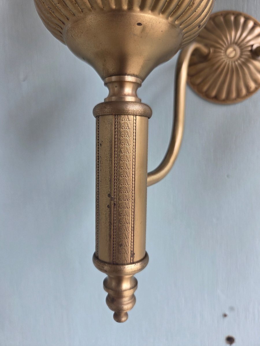 Pair Of Bronze And Gilded Brass Kerosene Wall Sconces. Empire/restoration Period, 19th Century-photo-3