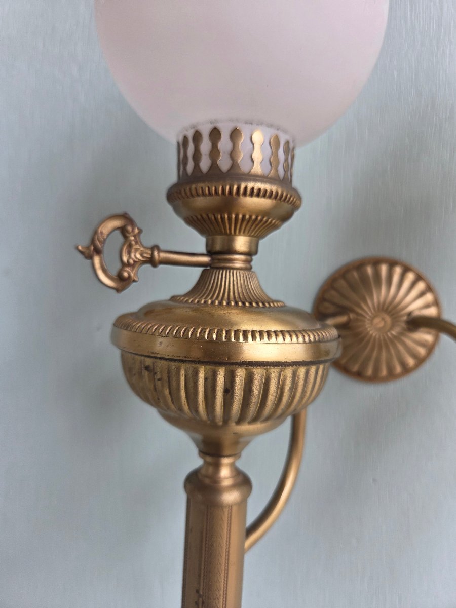 Pair Of Bronze And Gilded Brass Kerosene Wall Sconces. Empire/restoration Period, 19th Century-photo-4