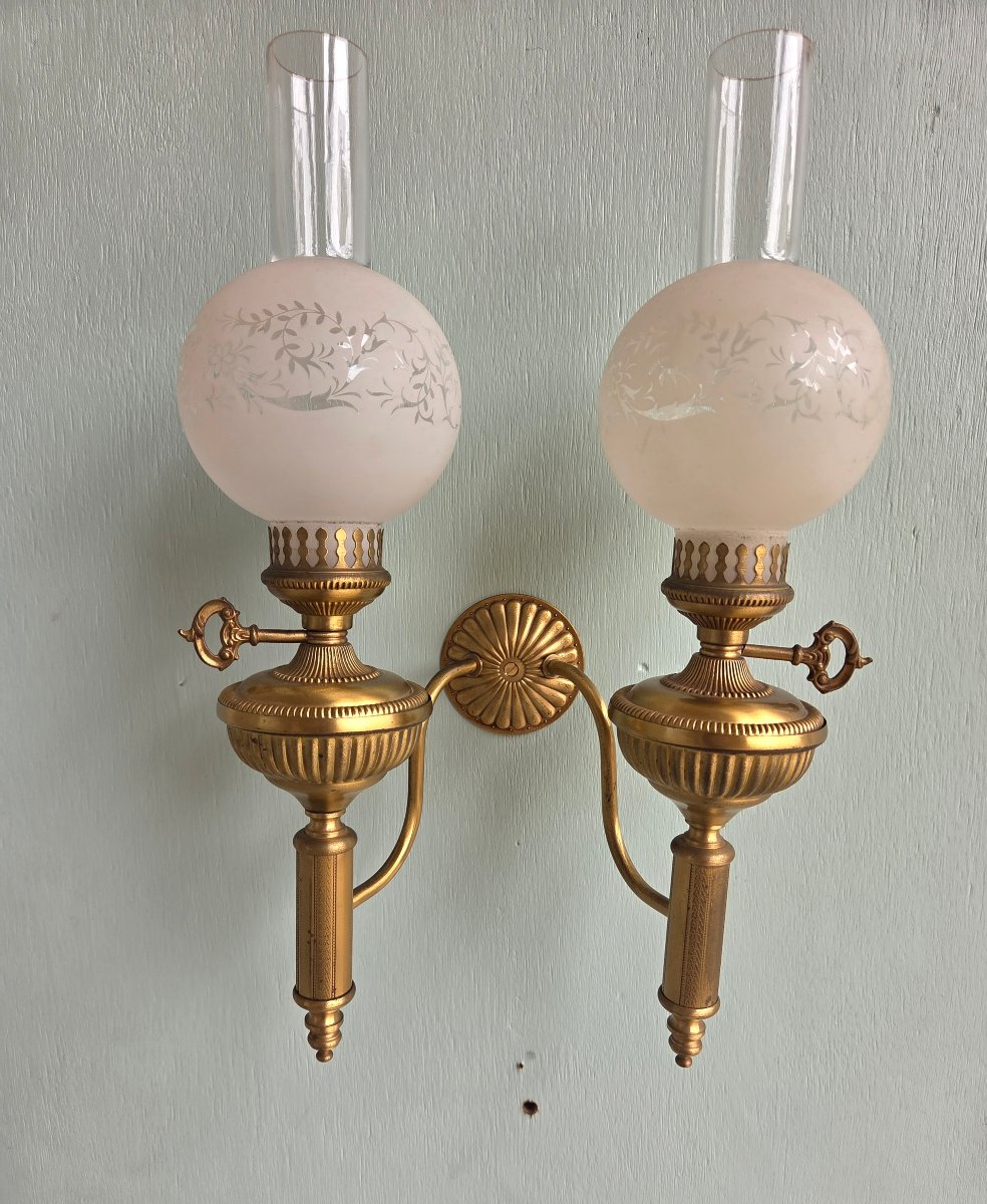 Pair Of Bronze And Gilded Brass Kerosene Wall Sconces. Empire/restoration Period, 19th Century-photo-5