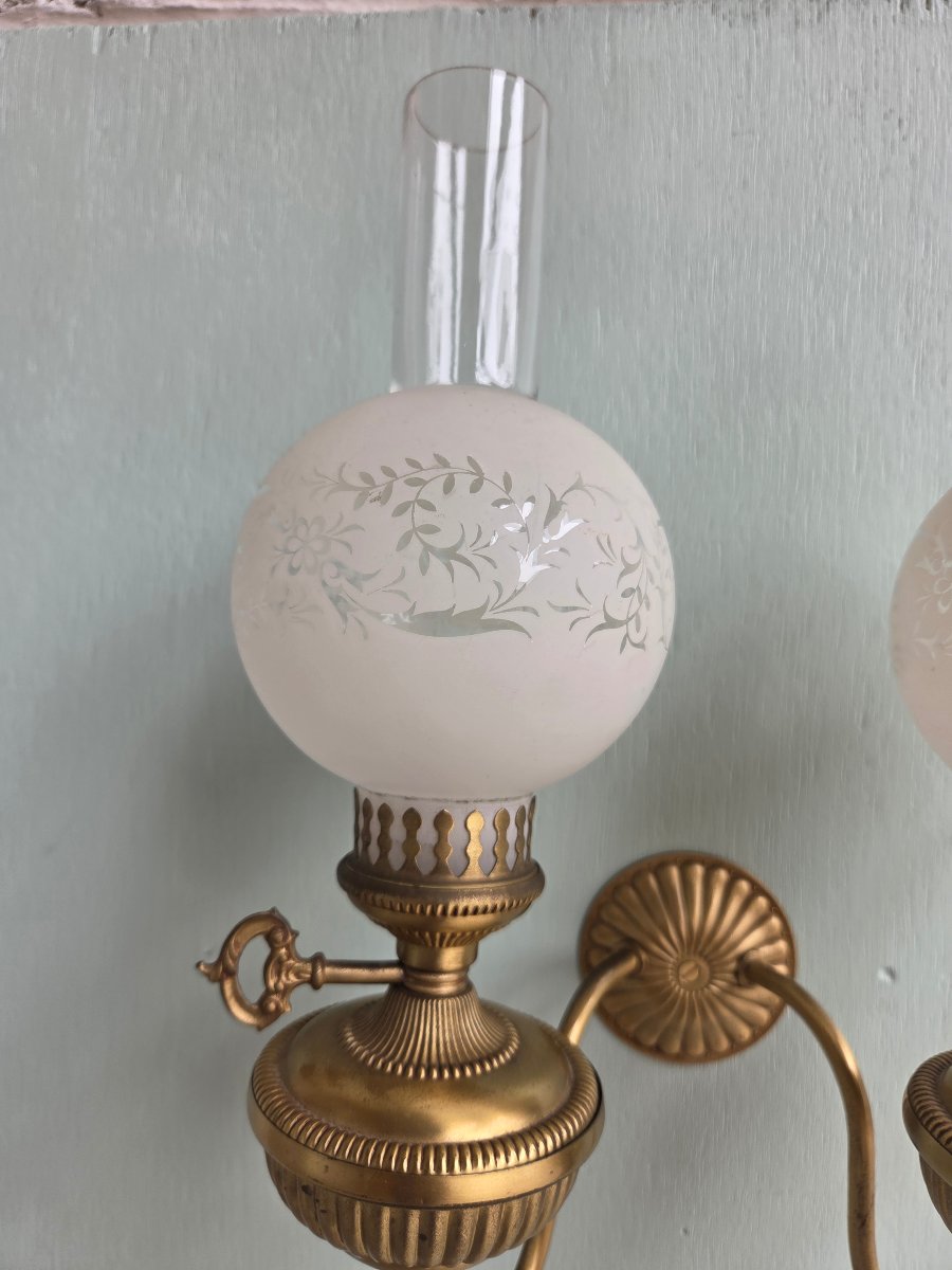 Pair Of Bronze And Gilded Brass Kerosene Wall Sconces. Empire/restoration Period, 19th Century-photo-6