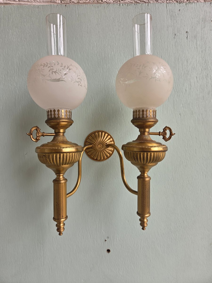 Pair Of Bronze And Gilded Brass Kerosene Wall Sconces. Empire/restoration Period, 19th Century-photo-7