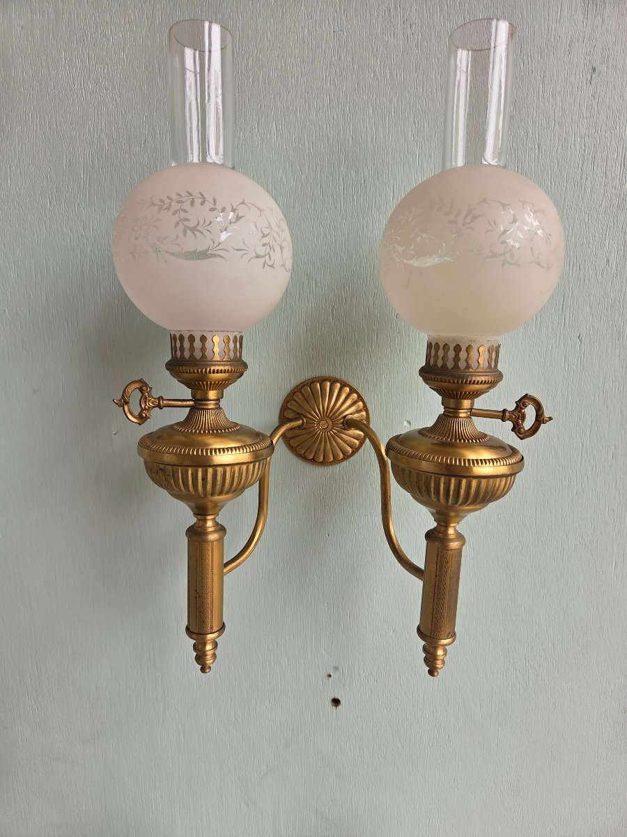 Pair Of Bronze And Gilded Brass Kerosene Wall Sconces. Empire/restoration Period, 19th Century-photo-8