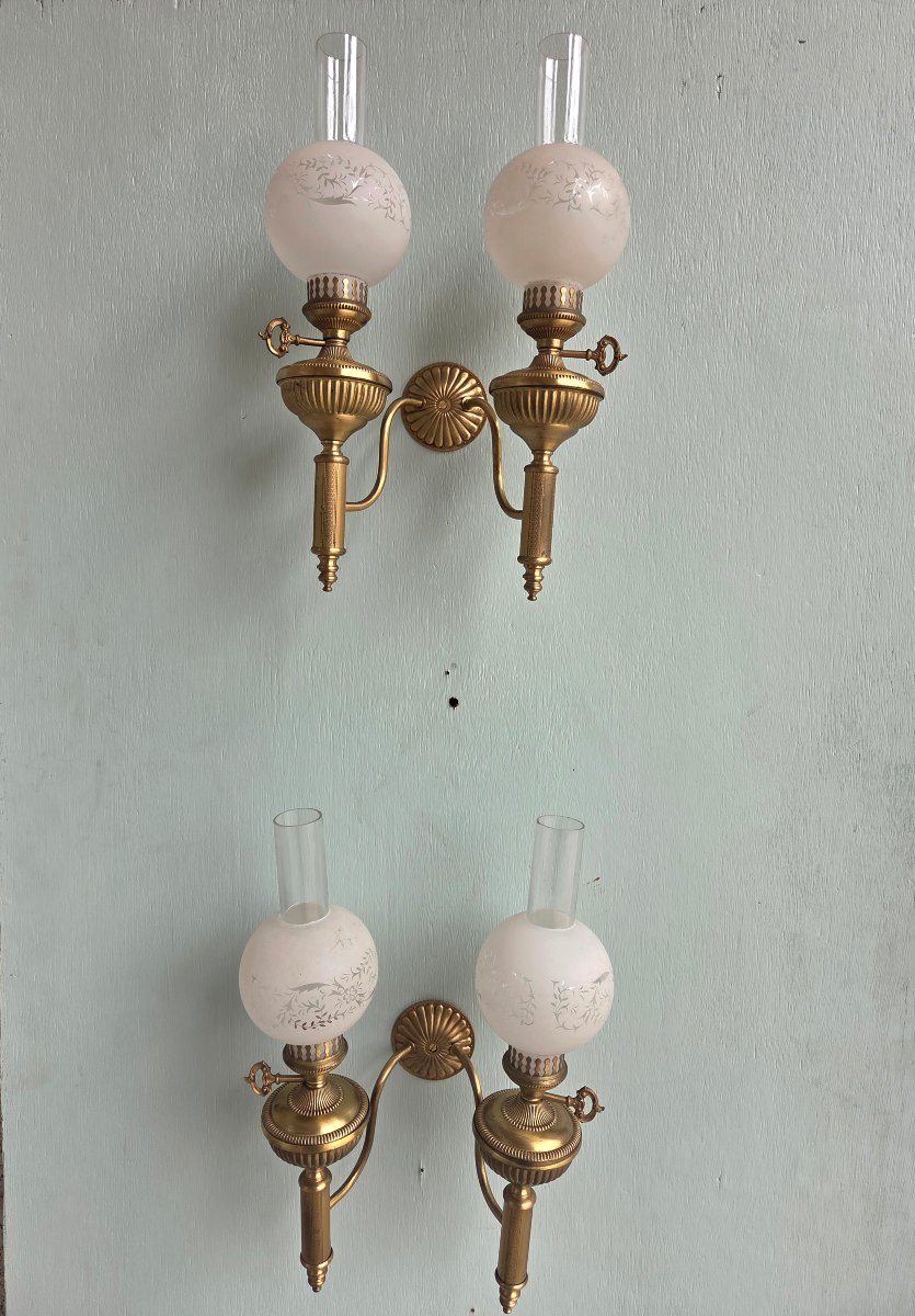 Pair Of Bronze And Gilded Brass Kerosene Wall Sconces. Empire/restoration Period, 19th Century