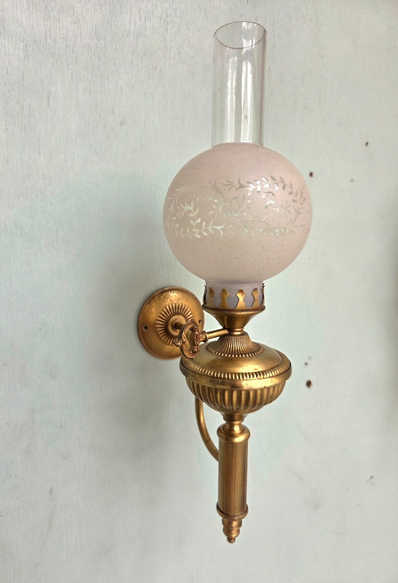 Pair Of Bronze And Gilded Brass Kerosene Wall Sconces. Empire/restoration Period, 19th Century-photo-2