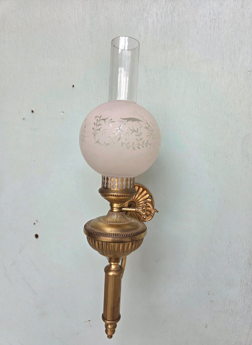 Pair Of Bronze And Gilded Brass Kerosene Wall Sconces. Empire/restoration Period, 19th Century-photo-3