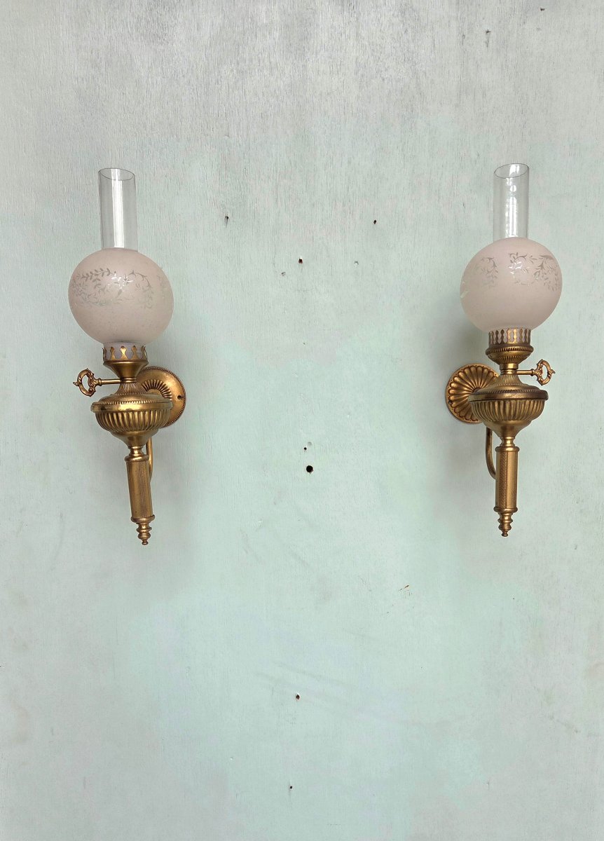 Pair Of Bronze And Gilded Brass Kerosene Wall Sconces. Empire/restoration Period, 19th Century-photo-1